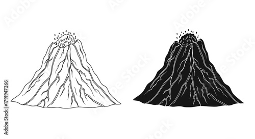 Two contrasting volcano illustrations one white one black showcasing geological forms