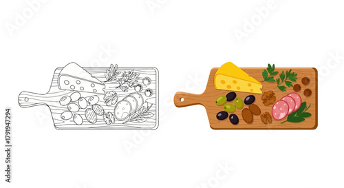 Two wooden cutting boards displaying cheese olives salami and other delicacies
