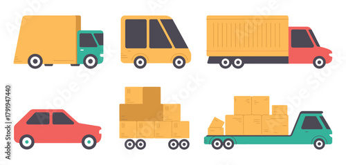 Collection of cartoon delivery trucks and cars for logistics and shipping
