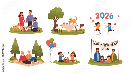 Family Gathering for The new year : Celebrate the start of a New Year, with festive gathering ,a vibrant illustrations of family and friends celebrating together in various outdoor scenes.