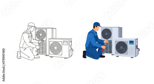 Air conditioning maintenance and repair illustrated by a technician s work