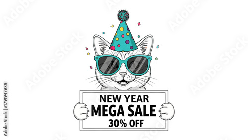 New Year Mega Sale: A cheerful cartoon cat, adorned with a party hat and sunglasses, playfully promotes the mega sale