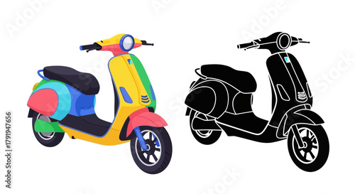 Colorful scooter illustration with a black and white outline version displayed side by side