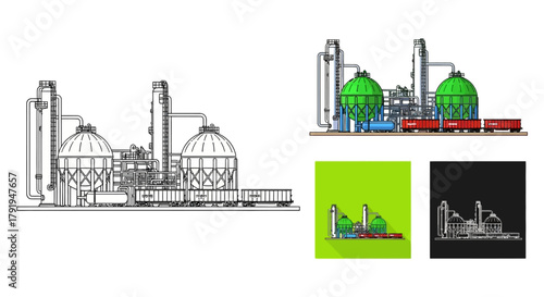Industrial complex illustration with storage tanks railway cars and architectural sketches