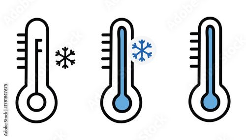 Set of Thermometer Icons Illustrating Cold Temperatures with Snowflake