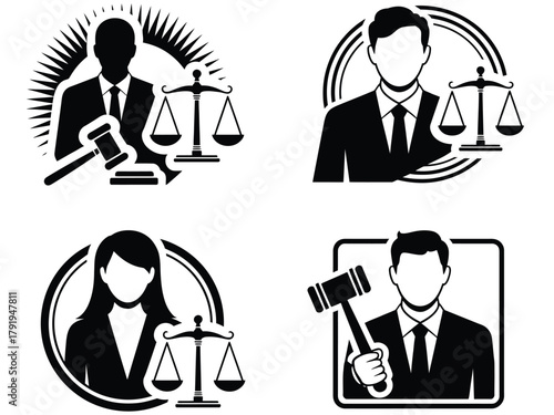 Four black and white icons representing legal professionals with scales of justice and gavels