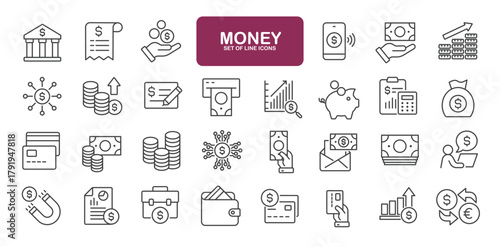 Set of line icons related to money, finance, payment, economy. Outline icons collection