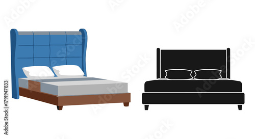 Illustration of a blue and black bed frame with pillows displayed