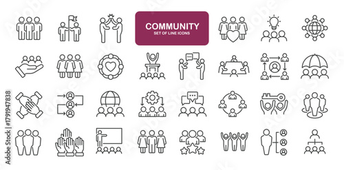 Set of line icons related to community, social, diversity, relationship. Outline icons collection