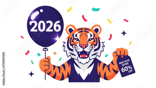 Foto Tiger 2026: An illustrated tiger joyfully heralds the arrival of the year 2026, holding a balloon and a sign announcing New Year offers