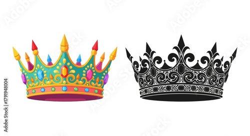 Colorful and monochrome royal crowns a detailed illustration of regal headwear