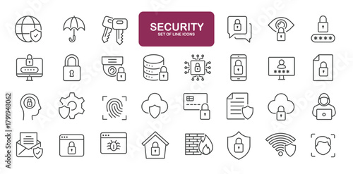 Set of line icons related to security, protection, access, lock, key. Outline icons collection