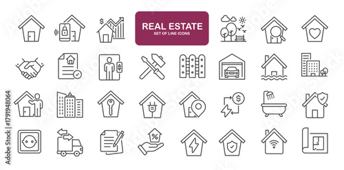Set of line icons related to real estate, property, buying, renting, house, home. Outline icons collection
