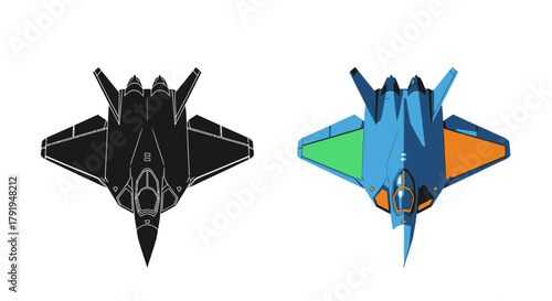 Two views of a modern fighter jet one outlined and one colored
