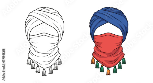 Two illustrated head coverings a white and a blue turban with face veils