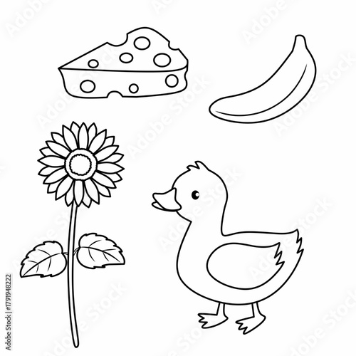Cute black and white illustration set of yellow color objects, duck, cheese, banana, and sunflower. Ideal for children’s coloring pages and color learning printables.