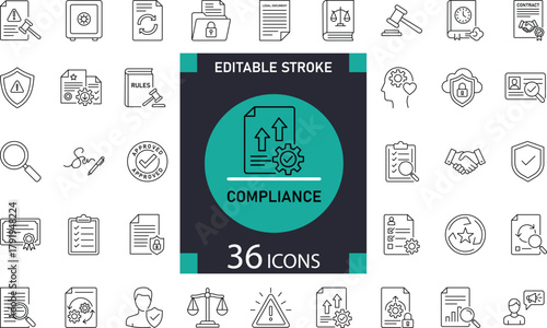 Minimal Compliance Line Icon Set 36 Outline Symbols for Policy, Regulation, and Business Standards Design