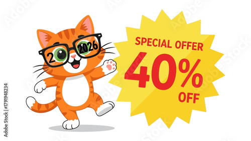 Clever Cat's Special Offer: An endearing cartoon cat, playfully sporting glasses, heralds a vibrant Special Offer with a tempting 40% OFF deal, creating a lively atmosphere.