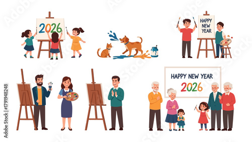 New Year Celebration in Artwork: Diverse scenes of the new year celebration, capturing a variety of people including families, and pets creating vibrant illustrations and joyful moments.