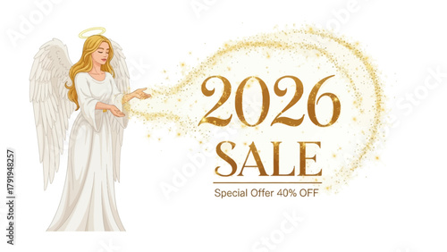Celestial Commerce: An angelic figure with feathered wings and a radiant halo orchestrates a 2026 sales event, showering golden particles on the text, while a special offer of 40% off. 