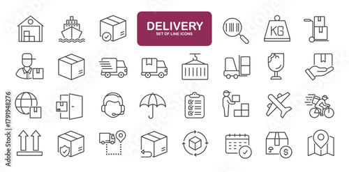 Set of line icons related to user delivery, shipping, cargo, warehouse. Outline icons collection
