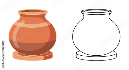 Illustration of two ceramic vases one colored and one outlined
