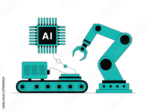 An AI chip controls a robotic arm on a production line.