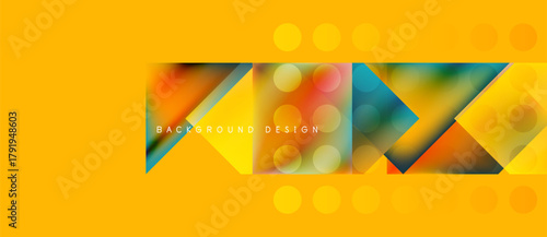 Bright yellow backdrop features abstract geometric shapes. Overlapping rectangles create dynamic visual effect with blurred textures, circles.
