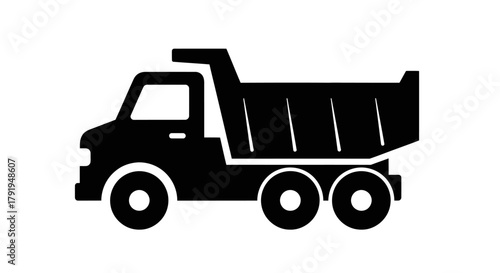 Simple black and white illustration of a heavy duty dump truck vehicle