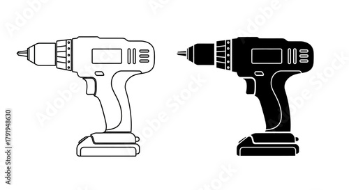 Black and white illustration of two cordless power drills side by side