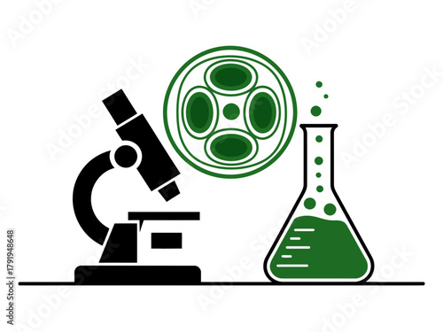 Microscopic view of algae in a science lab with a beaker of green liquid.