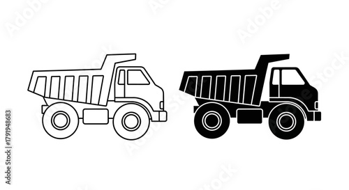 Two dump trucks one outlined in white and one in black side by side