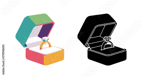 Colorful open jewelry box with a diamond ring and its black outline