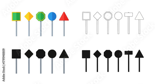 A collection of various colorful and monochrome road signs displayed in rows