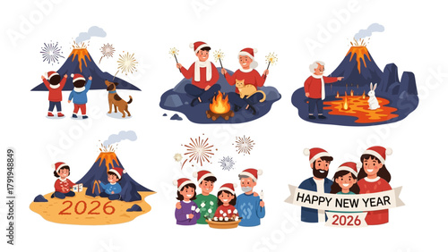 New Year Celebrations: A festive ensemble of heartwarming illustrations showcasing the joy of family celebrations during the new year, embracing togetherness and festive cheer.