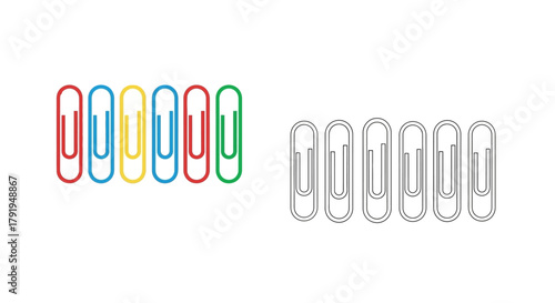 Colorful and silver paper clips arranged in a neat linear fashion
