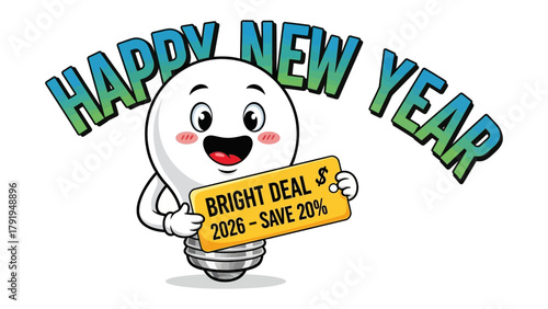 Happy New Year Bright Deal: A friendly, lightbulb character joyfully offers a Bright Deal with a 20% savings tag to start the year with a positive mindset.