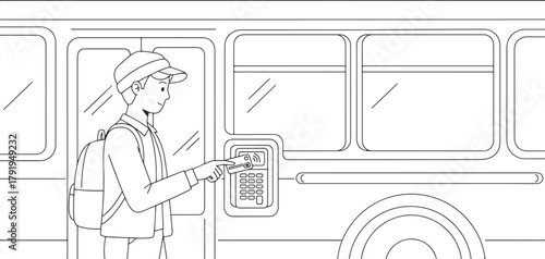 Young Man Using Contactless Payment Card on Public Bus Terminal - Line Art Illustration