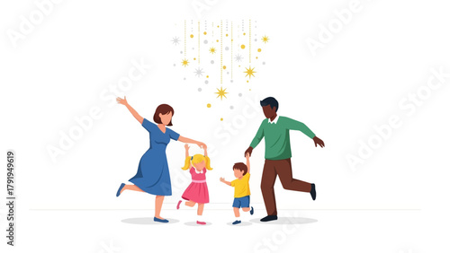 Joyful Family Moment: A vibrant illustration captures the heartwarming joy of a family as they dance under a canopy of decorative lights, symbolizing togetherness and shared happiness.