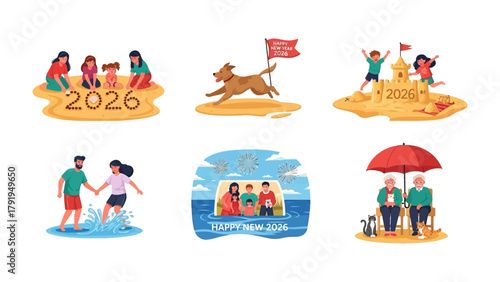 Happy New Year 2026: A vibrant collection of illustrations depicts diverse families celebrating the New Year at the beach, embracing joy and anticipation for the future.