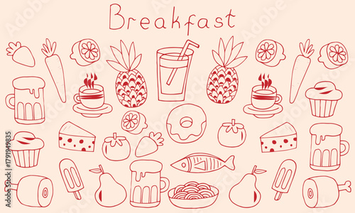 Hand drawn breakfast doodles set. Vector illustration of food and coffee icons in chalk, crayon drawing style for invitations, menus, parties. Minimalist line art. La dolce vita italian style