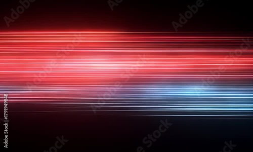 Abstract horizontal light streaks in red and blue hues against a dark background representing speed motion and futuristic technology