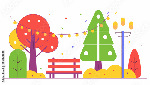 Illustration of a park scene with trees, bench, street light and festive string lights hanging overhead