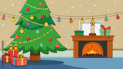 A christmas tree with ornaments and gifts near a fireplace in a cozy room with decorations