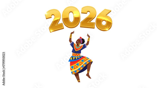 Embracing the Future: A vibrant person joyfully lifts the year 2026, heralding new beginnings and prosperity.