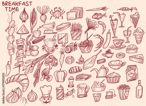 Hand drawn breakfast doodles set. Vector illustration of food and coffee icons in chalk, crayon drawing style for invitations, menus, parties. Minimalist line art. La dolce vita italian style