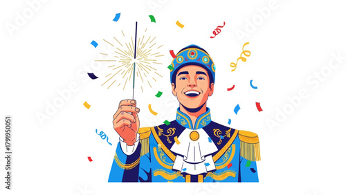 Royal Celebration: A joyous individual, adorned in regal attire, celebrates with a sparkler amidst a shower of confetti, capturing a moment of pure delight and festive spirit.