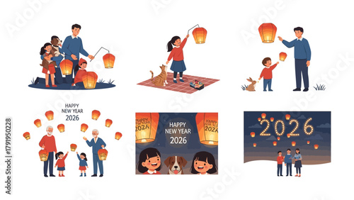 Lanterns of Celebration: Capturing moments of togetherness, families and friends gather, releasing vibrant lanterns into the night sky, symbolizing hope and joy for a prosperous new year.