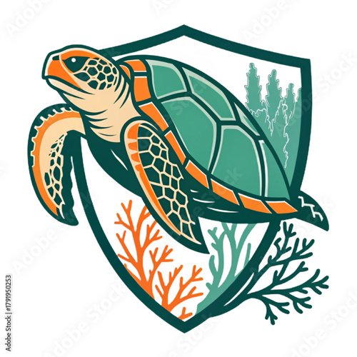 Coral Guardian Turtle Esport Mascot Logo Vector – Ocean Protector Emblem with Solid Green and Orange Flat Design, Modern Gaming Badge

