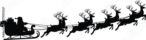Silhouette of santa claus and his reindeer pulling sleigh through the sky